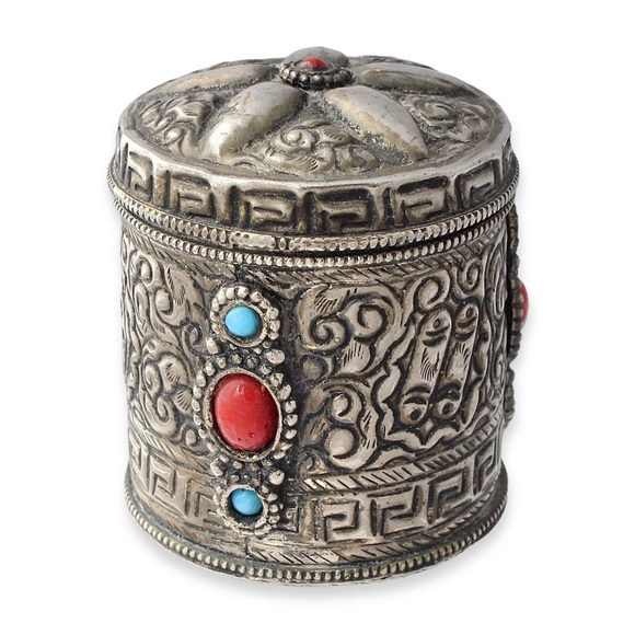 Vintage Tibetan Style Canister / Trinket Box Silver Tone Turquoise Coral Glass - Picture 1 of 6